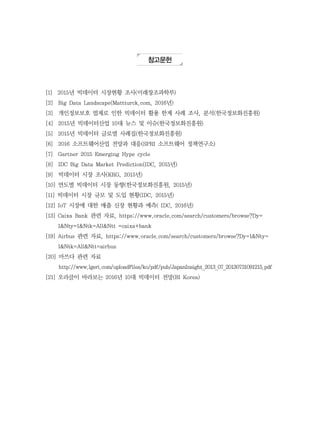 참고문헌
[1] 2015년 빅데이터 시장현황 조사(미래창조과학부)
[2] Big Data Landscape(Mattturck.com, 2016년)
[3] 개인정보보호 법제로 인한 빅데이터 활용 한계 사례 조사, 분석(한국정보화진흥원)
[4] 2015년 빅데이터산업 10대 뉴스 및 이슈(한국정보화진흥원)
[5] 2015년 빅데이터 글로벌 사례집(한국정보화진흥원)
[6] 2016 소프트웨어산업 전망과 대응(SPRI 소프트웨어 정책연구소)
[7] Gartner 2015 Emerging Hype cycle
[8] IDC Big Data Market Prediction(IDC, 2015년)
[9] 빅데이터 시장 조사(KRG, 2015년)
[10] 연도별 빅데이터 시장 동향(한국정보화진흥원, 2015년)
[11] 빅데이터 시장 규모 및 도입 현황(IDC, 2015년)
[12] IoT 시장에 대한 매출 신장 현황과 예측( IDC, 2016년)
[13] Caixa Bank 관련 자료, https://www.oracle.com/search/customers/browse?Dy=
1&Nty=1&Ntk=All&Ntt =caixa+bank
[19] Airbus 관련 자료, https://www.oracle.com/search/customers/browse?Dy=1&Nty=
1&Ntk=All&Ntt=airbus
[20] 마쓰다 관련 자료
http://www.lgeri.com/uploadFiles/ko/pdf/pub/JapanInsight_2013_07_20130731091215.pdf
[21] 오라클이 바라보는 2016년 10대 빅데이터 전망(BI Korea)
 