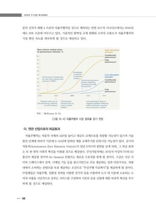 2016년 ICT산업 메가트렌드
88
분의 신차가 레벨 4 수준의 자율주행차일 것으로 예측되는 반면 보수적 시나리오에서는 2040년
에도 30% 수준에 머무르고 있다. 기술적인 완벽성 규제 완화와 소비자 수용도가 자율주행차의
시장 확산 속도를 좌우하게 될 것으로 예상되고 있다.
자료 : McKinsey & Co.
[그림 Ⅳ-4] 자율주행차 시장 점유율 장기 전망
다. 연관 산업으로의 파급효과
자율주행차는 자동차 자체의 ASP를 높이고 대규모 교체수요를 촉발할 가능성이 있으며 기술
발전 단계에 따라서 기존에 5~10년에 달하던 제품 교체주기를 단축시킬 가능성이 있다. 궁극의
자동차(Autonomous Zero Emission Vehicle)가 일단 S커브의 중반을 넘게 되면, 그 파급 효과
는 또 한 번의 사회적 혁신을 이뤄낼 것으로 예상된다. 무인자동차에는 30인치 이상의 TV와 5G
통신이 제공될 것이며 On-demand 콘텐츠는 새로운 수요처를 찾게 될 것이다. 구글은 지금 사
이버 스페이스에서 검색, 이메일 기능 등을 광고기반으로 무료 제공하는 것과 마찬가지로, 차량
내에서 소비하는 콘텐츠를 독점 제공하는 조건으로 “무인주행 무료택시”를 제공하게 될 것이다.
IT업체들은 자율주행, 친환경 전력을 이용한 전기차 등을 이용하여 도시 내 이동에 소요되는 소
비자 비용을 극단적으로 낮추는 서비스를 구상하며 기존의 운송 산업에 대한 파괴적 혁신을 추구
하게 될 것으로 예상된다.
 
