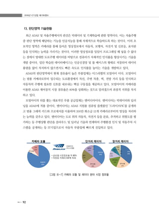 2016년 ICT산업 메가트렌드
92
다. 판단영역 기술현황
최근 ADAS 및 자율주행에서의 관건은 빅데이터 및 기계학습에 관한 영역이다. 이는 자율주행
중 판단 영역에 해당하는 기능을 인공지능을 통해 자체적으로 학습하도록 하는 것이다. 이의 초
보적인 영역은 카메라를 통해 들어온 영상정보에서 자동차, 보행자, 자전거 및 신호등, 표지판
등을 인식하는 능력을 가리키는 것이다. 이러한 영상정보를 일일이 프로그래밍 해 넣을 수 없다
는 점에서 방대한 도로주행 데이터를 바탕으로 컴퓨터가 자체적인 인식률을 향상시키는 기술을
개발 중이다. 일단 학습된 데이터베이스는 인공신경망 및 룰 베이스의 형태로 저장되어 데이터
용량을 많이 차지하지 않으면서도 빠른 속도로 인식률을 높이는 기술을 개발하고 있다.
ADAS의 판단영역에서 현재 점유율이 높은 부품업체는 이스라엘의 모빌아이 이다. 모빌아이
는 범용 카메라로부터 입수되는 도로환경에서 차선, 주변 차종, 벽, 전방 거리 등을 인식하고
자동차의 주행에 필요한 신호를 내보내는 핵심 구동칩을 제공하고 있다. 모빌아이의 카메라를
이용한 ADAS 제어장치 시장 점유율은 80%를 상회하는 것으로 알려졌으며 과점적 지위를 차지
하고 있다.
모빌아이의 뒤를 쫓는 대표적인 부품 공급업체는 엔비디아이다. 엔비디아는 빅데이터와 딥러
닝을 ADAS에 적용 중이다. 엔비디아는 ADAS 지원용 컴퓨팅 플랫폼인 ‘드라이브PX’를 공개하
고 범용 그래픽 카드와 프로세서를 이용하여 200만 화소급 12개 카메라로부터의 영상을 처리하
는 능력을 갖추고 있다. 엔비디아는 도로 위의 자동차, 자전거 등을 분류, 추적하고 위험도를 평
가하는 등 주행상황 판단을 클라우드 및 딥러닝 기술과 연계하여 주행환경 인식 및 자동주차 시
스템을 공개하는 등 IT기업으로서 자동차 부품업에 빠르게 진입하고 있다.
[그림 Ⅳ-7] 카메라 모듈 및 레이더 분야 시장 점유율
 