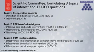 Topic 1: Preoperative anaemia
 Definition and diagnosis (PICO 1 and PICO 2)
 Treatment (PICO 3)
Topic 2: RBC transfusion...