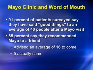 Mayo Clinic and Word of Mouth

• 91 percent of patients surveyed say
 they have said “good things” to an
 average of 40 people after a Mayo visit
• 85 percent say they recommended
 Mayo to a friend
 − Advised an average of 16 to come
  − 5 actually came
 