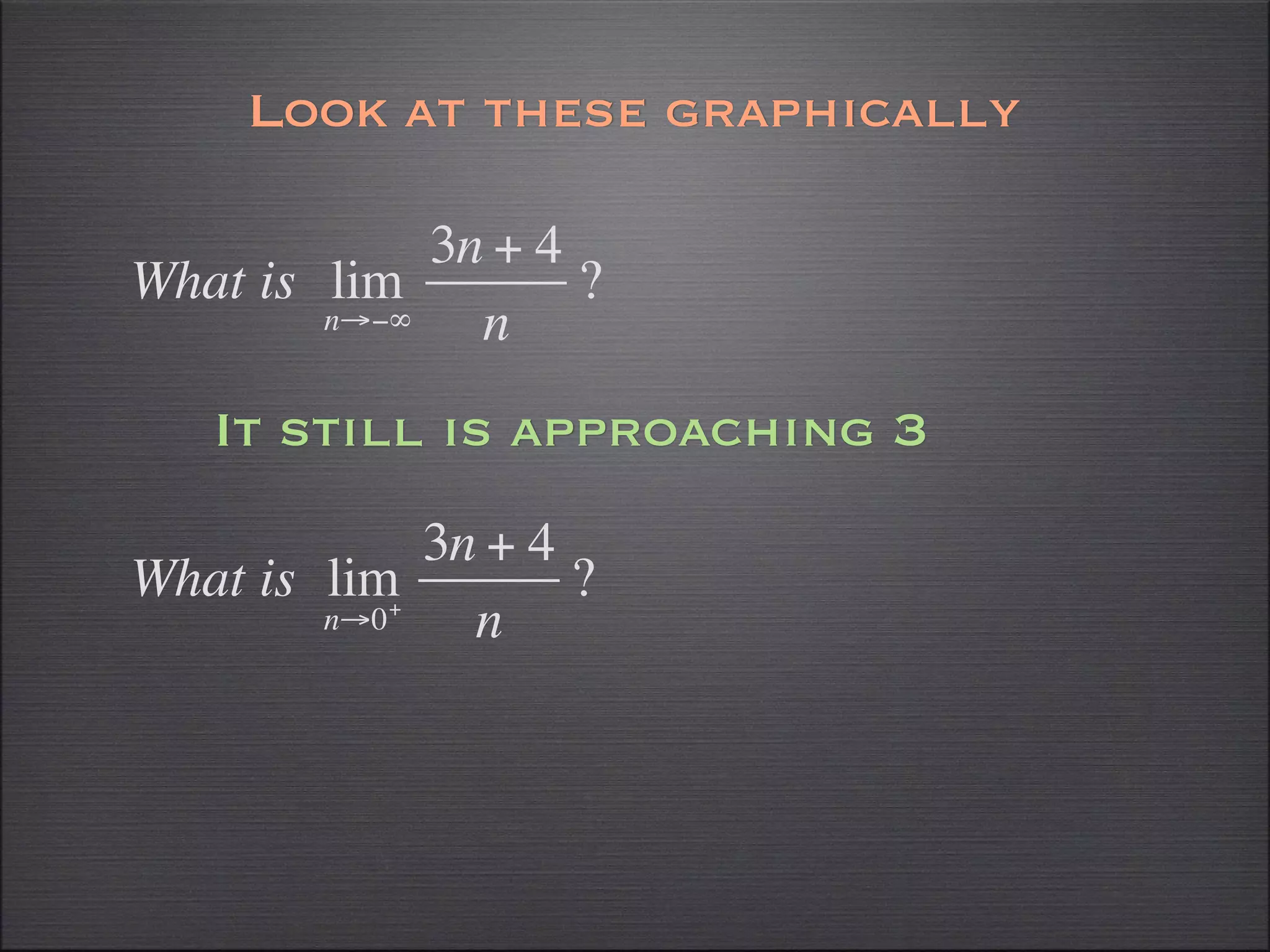 Look at these graphically

             3n + 4
What is lim         ?
        n→−∞   n
   It still is approaching 3
             3n + 4
What is lim+        ?
        n→0    n
 