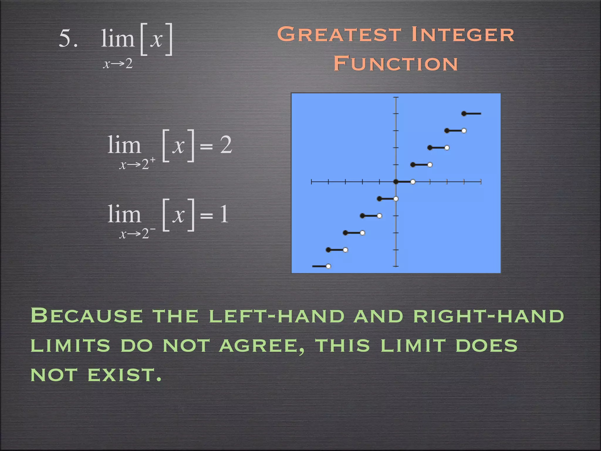 5. lim [ x ]             Greatest Integer
     x→2                     Function

      lim
       x→2 +
               [ x] = 2
      lim
       x→2 −
               [ x] = 1

Because the left-hand and right-hand
limits do not agree, this limit does
not exist.
 