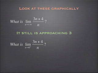 Look at these graphically

             3n + 4
What is lim         ?
        n→−∞   n
   It still is approaching 3
             3n + 4
What is lim+        ?
        n→0    n
 