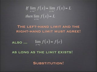 If lim f ( x ) = lim f ( x ) = L
             +             −
           x→c              x→c

       then lim f ( x ) = L
             x→c


  The left-hand limit and the
  right-hand limit must agree!

also ...         lim f ( x ) = f ( c )
                 x→c


as long as the limit exists!

            Substitution!
 