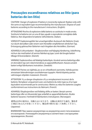 E-Manual do PC Notebook 121
Precauções escandinavas relativas ao lítio (para
baterias de íon-lítio)
CAUTION! Danger of explosion if battery is incorrectly replaced. Replace only with
the same or equivalent type recommended by the manufacturer. Dispose of used
batteries according to the manufacturer’s instructions. (English)
ATTENZIONE! Rischio di esplosione della batteria se sostituita in modo errato.
Sostituire la batteria con un una di tipo uguale o equivalente consigliata dalla
fabbrica. Non disperdere le batterie nell’ambiente. (Italian)
VORSICHT! Explosionsgefahr bei unsachgemäßen Austausch der Batterie. Ersatz
nur durch denselben oder einem vom Hersteller empfohlenem ähnlichen Typ.
Entsorgung gebrauchter Batterien nach Angaben des Herstellers. (German)
ADVARSELI! Lithiumbatteri - Eksplosionsfare ved fejlagtig håndtering. Udskiftning
må kun ske med batteri af samme fabrikat og type. Levér det brugte batteri
tilbage til leverandøren. (Danish)
VARNING! Explosionsfara vid felaktigt batteribyte. Använd samma batterityp eller
en ekvivalent typ som rekommenderas av apparattillverkaren. Kassera använt
batteri enligt fabrikantens instruktion. (Swedish)
VAROITUS! Paristo voi räjähtää, jos se on virheellisesti asennettu. Vaihda paristo
ainoastaan laitevalmistajan sousittelemaan tyyppiin. Hävitä käytetty paristo
valmistagan ohjeiden mukaisesti. (Finnish)
ATTENTION! Il y a danger d’explosion s’il y a remplacement incorrect de la
batterie. Remplacer uniquement avec une batterie du mêre type ou d’un type
équivalent recommandé par le constructeur. Mettre au rebut les batteries usagées
conformément aux instructions du fabricant. (French)
ADVARSEL! Eksplosjonsfare ved feilaktig skifte av batteri. Benytt samme
batteritype eller en tilsvarende type anbefalt av apparatfabrikanten. Brukte
batterier kasseres i henhold til fabrikantens instruksjoner. (Norwegian)
(Japanese)
ВНИМАНИЕ! При замене аккумулятора на аккумулятор иного типа возможно
его возгорание. Утилизируйте аккумулятор в соответствии с инструкциями
производителя. (Russian)
 