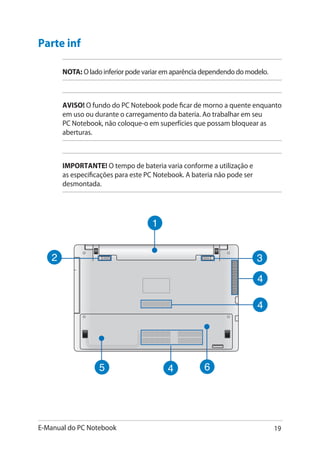 E-Manual do PC Notebook 19
Parte inf
NOTA��: O lado inferior pode variar em aparência dependendo do modelo.
AVISO! O fundo do PC Notebook pode ficar de morno a quente enquanto
em uso ou durante o carregamento da bateria. Ao trabalhar em seu
PC Notebook, não coloque-o em superfícies que possam bloquear as
aberturas.
IMPORTANTE! O tempo de bateria varia conforme a utilização e
as especificações para este PC Notebook. A bateria não pode ser
desmontada.
 