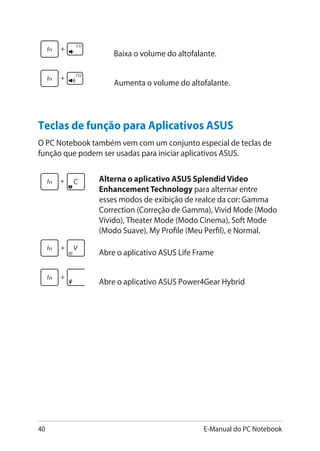 40 E-Manual do PC Notebook
Teclas de função para Aplicativos ASUS
O PC Notebook também vem com um conjunto especial de teclas de
função que podem ser usadas para iniciar aplicativos ASUS.
Alterna o aplicativo ASUS Splendid Video
Enhancement Technology para alternar entre
esses modos de exibição de realce da cor: Gamma
Correction (Correção de Gamma), Vivid Mode (Modo
Vívido), Theater Mode (Modo Cinema), Soft Mode
(Modo Suave), My Profile (Meu Perfil), e Normal.
Abre o aplicativo ASUS Life Frame
Abre o aplicativo ASUS Power4Gear Hybrid
Baixa o volume do altofalante.
Aumenta o volume do altofalante.
 
