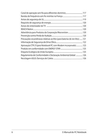 E-Manual do PC Notebook
Canal de operação sem fio para diferentes domínios........................................117
Bandas de frequência sem fio restritas na França...............................................117
Avisos de segurança de UL...........................................................................................119
Requisito de segurança de energia...........................................................................120
Avisos do sintonizador de TV .....................................................................................120
REACH Notice....................................................................................................................120
Advertência para Produtos da Corporação Macrovision..................................120
Prevenção contra Perda de Audição.........................................................................120
Precauções escandinavas relativas ao lítio (para baterias de íon-lítio)........121
Informação de Segurança do Drive Ótico..............................................................122
Aprovação CTR 21(para Notebook PC com Modem incorporado)................123
Produto em conformidade com ENERGY STAR....................................................125
Etiqueta Ecológica da União Européia.....................................................................125
Regulamento de Conformidade e Declaração Ambiental Global ................126
Reciclagem ASUS /Serviços de Coleta.....................................................................126
 