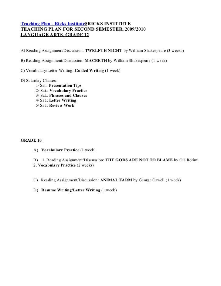 TEACHING PLAN FOR SECOND SEMESTER 2009 2010