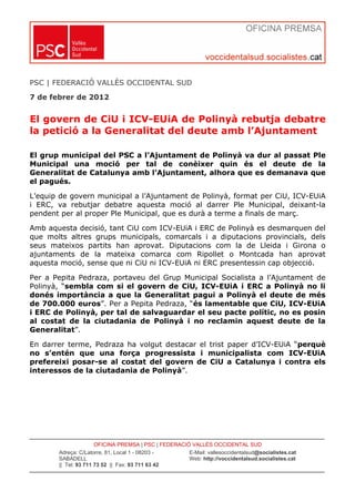El govern de CiU i ICV-EUiA de Polinyà rebutja debatre la petició a la Generalitat del deute amb l’Ajuntament