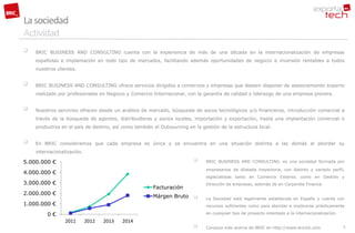 La sociedad
Actividad
   BRIC BUSINESS AND CONSULTING cuenta con la experiencia de más de una década en la internacionalización de empresas
    españolas e implantación en todo tipo de mercados, facilitando además oportunidades de negocio e inversión rentables a todos
    nuestros clientes.


   BRIC BUSINESS AND CONSULTING ofrece servicios dirigidos a comercios y empresas que deseen disponer de asesoramiento experto
    realizado por profesionales en Negocio y Comercio Internacional, con la garantía de calidad y liderazgo de una empresa pionera.


   Nuestros servicios ofrecen desde un análisis de mercado, búsqueda de socos tecnológicos y/o financieros, introducción comercial a
    través de la búsqueda de agentes, distribuidores y socios locales, importación y exportación, hasta una implantación comercial o
    productiva en el país de destino, así como también el Outsourcing en la gestión de la estructura local.


   En BRIC consideramos que cada empresa es única y se encuentra en una situación distinta a las demás al abordar su
    internacionalización.

5.000.000 €                                                                  BRIC BUSINESS AND CONSULTING es una sociedad formada por

                                                                              empresarios de dilatada trayectoria, con distinto y variado perfil,
4.000.000 €
                                                                              especialistas tanto en Comercio Exterior, como en Gestión y
3.000.000 €                                                                   Dirección de empresas, además de en Corporate Finance.
                                                       Facturación
2.000.000 €
                                                       Márgen Bruto          La Sociedad está legalmente establecida en España y cuenta con
1.000.000 €                                                                   recursos suficientes como para abordar e implicarse prácticamente

         0€                                                                   en cualquier tipo de proyecto orientado a la internacionalización.
                 2011       2012   2013   2014
                                                                             Conozca más acerca de BRIC en http://www.bricint.com                 5
 