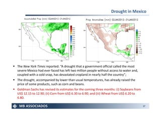 Drought in Mexico




The New York Times reported: “A drought that a government official called the most
severe Mexico had ever faced has left two million people without access to water and,
coupled with a cold snap, has devastated cropland in nearly half the country”;
The drought, accompanied by lower than usual temperatures, has already raised the
price of some products, such as corn and beans.
Goldman Sachs has revised its estimates for the coming three months: (i) Soybeans from
US$ 12.15 to 12.90; (ii) Corn from US$ 6.30 to 6.90; and (iii) Wheat from US$ 6.20 to
6.80.

                                                                                         17
 