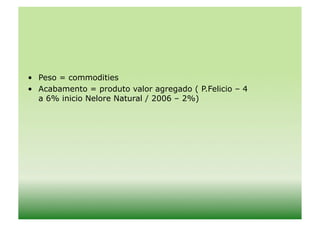 •  Peso = commodities
•  Acabamento = produto valor agregado ( P.Felicio – 4
   a 6% inicio Nelore Natural / 2006 – 2%)
 