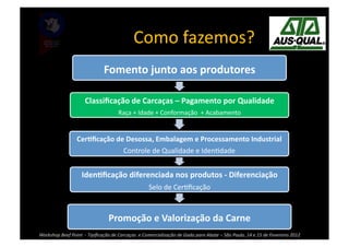 Como	
  fazemos?	
  
                                                Fomento	
  junto	
  aos	
  produtores	
  

                                  Classiﬁcação	
  de	
  Carcaças	
  –	
  Pagamento	
  por	
  Qualidade	
  
                                                           Raça	
  +	
  Idade	
  +	
  Conformação	
  	
  +	
  Acabamento	
  	
  


                            CerBﬁcação	
  de	
  Desossa,	
  Embalagem	
  e	
  Processamento	
  Industrial	
  
                                                               Controle	
  de	
  Qualidade	
  e	
  Iden>dade	
  


                               IdenBﬁcação	
  diferenciada	
  nos	
  produtos	
  -­‐	
  Diferenciação	
  
                                                                                  Selo	
  de	
  Cer>ﬁcação	
  



                                                    Promoção	
  e	
  Valorização	
  da	
  Carne	
  
Workshop	
  Beef	
  Point	
  	
  -­‐	
  Tipiﬁcação	
  de	
  Carcaças	
  	
  e	
  Comercialização	
  de	
  Gado	
  para	
  Abate	
  –	
  São	
  Paulo,	
  14	
  e	
  15	
  de	
  Fevereiro	
  2012	
  
 