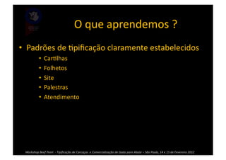 O	
  que	
  aprendemos	
  ?	
  
•  Padrões	
  de	
  >piﬁcação	
  claramente	
  estabelecidos	
  
                 •  Car>lhas	
  
                 •  Folhetos	
  
                 •  Site	
  
                 •  Palestras	
  
                 •  Atendimento	
  




  Workshop	
  Beef	
  Point	
  	
  -­‐	
  Tipiﬁcação	
  de	
  Carcaças	
  	
  e	
  Comercialização	
  de	
  Gado	
  para	
  Abate	
  –	
  São	
  Paulo,	
  14	
  e	
  15	
  de	
  Fevereiro	
  2012	
  
 