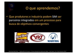 O	
  que	
  aprendemos?	
  
•  Que	
  produtores	
  e	
  industria	
  podem	
  SIM	
  ser	
  
   parceiros	
  integrados	
  em	
  um	
  processo	
  para	
  
   busca	
  de	
  obje>vos	
  convergentes	
  

	
   	
  




      Workshop	
  Beef	
  Point	
  	
  -­‐	
  Tipiﬁcação	
  de	
  Carcaças	
  	
  e	
  Comercialização	
  de	
  Gado	
  para	
  Abate	
  –	
  São	
  Paulo,	
  14	
  e	
  15	
  de	
  Fevereiro	
  2012	
  
 