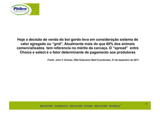 Hoje a decisão de venda do boi gordo leva em consideração sistema de
  valor agregado ou “grid”. Atualmente mais do que 60% dos animais
comercialisados tem referencia no mérito da carcaça. O “spread” entre
  Choice e select é o fator determinante de pagamento aos produtores

                 Fonte: John F. Grimes, OSU Extension Beef Coordinator, 21 de dezembro de 2011




                                                                                                 17"
 