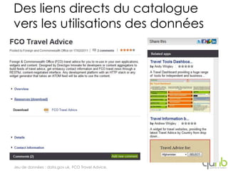 Des liens directs du catalogue
vers les utilisations des données




Jeu de données : data.gov.uk, FCO Travel Advice.
 