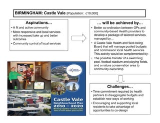 BIRMINGHAM: Castle Vale [Population:   c10,000]


          Aspirations…                          … will be achieved by…
• A fit and active community                • Better co-ordination between GPs and
• More responsive and local services          community-based Health providers to
  with increased take up and better           develop a package of tailored services,
  outcomes                                    managed by…
• Community control of local services       • A Castle Vale Health and Well-being
                                              Board that will manage pooled budgets
                                              and commission local health services.
                                              This activity would be complemented by:
                                            • The possible transfer of a swimming
                                              pool, football stadium and playing fields,
                                              and a nature conservation area to
                                              community ownership




                                                        Challenges…
                                            • Time commitment required by health
                                              partners to disaggregate budgets and
                                              establish new ways of working
                                            • Encouraging and supporting local
                                              residents to take advantage of
                                              opportunities to co-design
 