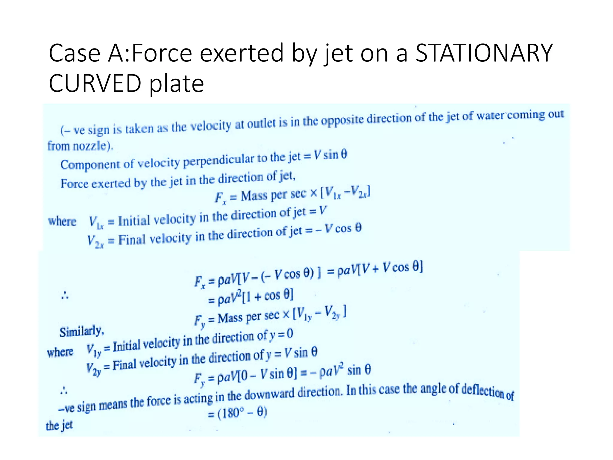 Case A:Force exerted by jet on a STATIONARY
CURVED plate
 