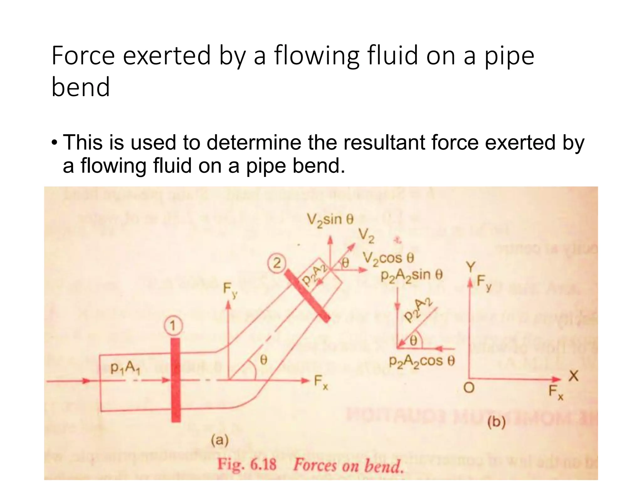 Force exerted by a flowing fluid on a pipe
bend
• This is used to determine the resultant force exerted by
a flowing fluid on a pipe bend.
 