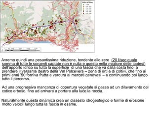 Avremo quindi una pesantissima riduzione, tendente allo zero (20 l/sec quale
somma di tutte le sorgenti captate non è nulla e questo nella migliore delle ipotesi)
dell‟apporto idrico su tutta la superficie di una fascia che va dalla costa fino a
prendere il versante destro della Val Polcevera – zona di orti e di coltivi, che fino ai
primi anni ‟50 forniva frutta e verdura ai mercati genovesi – e continuando poi lungo
tutto il percorso.

Ad una progressiva mancanza di copertura vegetale si passa ad un dilavamento del
cotico erboso, fino ad arrivare a portare alla luce la roccia.

Naturalmente questa dinamica crea un dissesto idrogeologico e forme di erosione
molto veloci lungo tutta la fascia in esame.
 