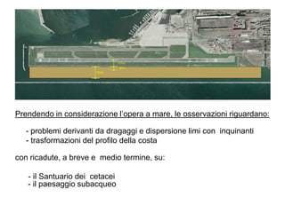 Prendendo in considerazione l‟opera a mare, le osservazioni riguardano:

  - problemi derivanti da dragaggi e dispersione limi con inquinanti
  - trasformazioni del profilo della costa

con ricadute, a breve e medio termine, su:

   - il Santuario dei cetacei
   - il paesaggio subacqueo
 