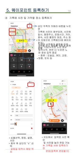14
④ 기록에 사진 및 기억할 장소 등록하기
5. 웨이포인트 등록하기
상단 우측의 카메라 버튼을 누르
면
기록에 사진이 첨부되며, 사진에
일시, 행정주소, 운동시간, 거리,
평속, 사진 촬영지 좌표, 주소 등
이 자동으로 기록됨(다음 페이지
참조)
기억할 장소 정보를 사진과 함께
등록
·
심볼선택, 명칭, 설명,
사진
첨부 후 상단의 ‘Ⅴ’ 선
택
갈림길 입력시 해당 위
치
· 지도에서 입력된 사진 확
인
및 사진을 눌러 편집 가능
※ 기록을 서버 등록하기
전
편집(등록후 편집불가)
·
첨부전
첨부 후
노면의 시작점과 끝점을 입력
하는 기능(누르면 노면 정보
입력시작, 한번 더 누르면 노
면 정보 입력 종료
- 종류 : 오솔길, 계단, 교량,
암릉, 릿지 등
·
·
·
 