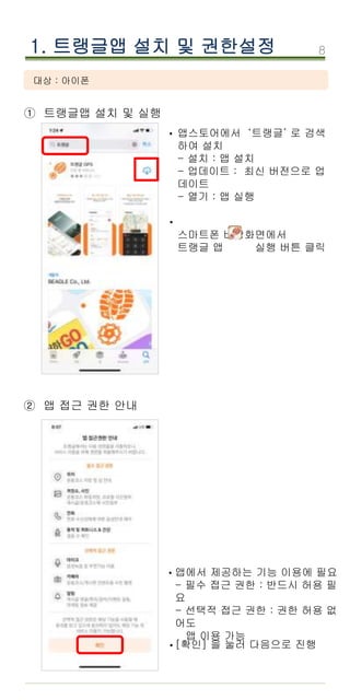 8
1. 트랭글앱 설치 및 권한설정
① 트랭글앱 설치 및 실행
앱스토어에서 ‘트랭글’ 로 검색
하여 설치
- 설치 : 앱 설치
- 업데이트 : 최신 버전으로 업
데이트
- 열기 : 앱 실행
스마트폰 바탕화면에서
트랭글 앱 실행 버튼 클릭
·
② 앱 접근 권한 안내
·
·
·앱에서 제공하는 기능 이용에 필요
- 필수 접근 권한 : 반드시 허용 필
요
- 선택적 접근 권한 : 권한 허용 없
어도
앱 이용 가능
[확인] 을 눌러 다음으로 진행
대상 : 아이폰
 