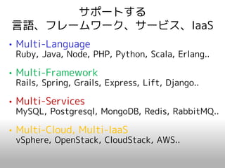サポートする
言語、フレームワーク、サービス、IaaS
• Multi-Language
 Ruby, Java, Node, PHP, Python, Scala, Erlang..

• Multi-Framework
 Rails, Spring, Grails, Express, Lift, Django..

• Multi-Services
 MySQL, Postgresql, MongoDB, Redis, RabbitMQ..

• Multi-Cloud, Multi-IaaS
 vSphere, OpenStack, CloudStack, AWS..
 