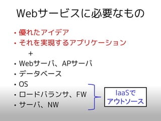 Webサービスに必要なもの
• 優れたアイデア
• それを実現するアプリケーション
    +
• Webサーバ、APサーバ
• データベース
• OS
• ロードバランサ、FW    IaaSで
• サーバ、NW       アウトソース
 
