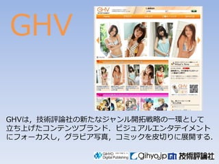 GHV

GHVは〃技術評論社の新たなジャンル開拓戦略の一環として
立ち上げたコンテンツブランド〄ビジュアルエンタテイメント
にフォーカスし〃グラビア写真〃コミックを皮切りに展開する〄
 