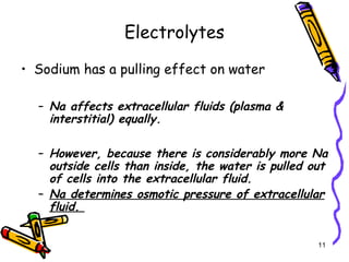 Electrolytes
• Sodium has a pulling effect on water
– Na affects extracellular fluids (plasma &
interstitial) equally.
– However, because there is considerably more Na
outside cells than inside, the water is pulled out
of cells into the extracellular fluid.
– Na determines osmotic pressure of extracellular
fluid.
11
 