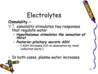 Electrolytes
Osmolality -
∀ ↑ osmolality stimulates two responses
that regulate water
– Hypothalamus stimulates the sensation of
thirst
– Posterior pituitary secrets ADH
• ( ADH increases H2O re-absorption by renal
collection ducts )
• In both cases, plasma water increases
15
 