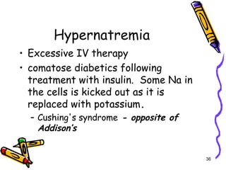 Hypernatremia
• Excessive IV therapy
• comatose diabetics following
treatment with insulin. Some Na in
the cells is kicked out as it is
replaced with potassium.
– Cushing's syndrome - opposite of
Addison’s
36
 