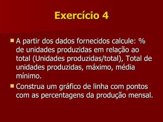 Exercício 4 A partir dos dados fornecidos calcule: % de unidades produzidas em relação ao total (Unidades produzidas/total), Total de unidades produzidas, máximo, média mínimo.  Construa um gráfico de linha com pontos com as percentagens da produção mensal. 