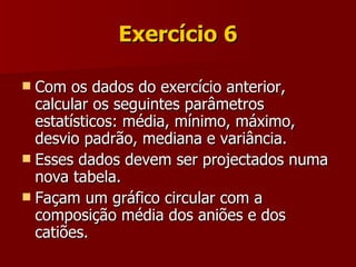 Exercício 6 Com os dados do exercício anterior, calcular os seguintes parâmetros estatísticos: média, mínimo, máximo, desvio padrão, mediana e variância. Esses dados devem ser projectados numa nova tabela. Façam um gráfico circular com a composição média dos aniões e dos catiões. 