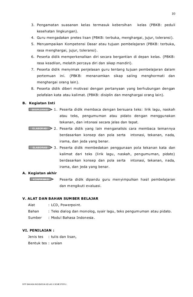 RPP BERKARAKTER BAHASA INDONESIA SMK KELAS X SEMESTER 2