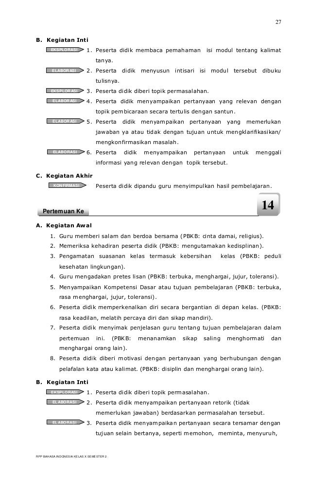 RPP BERKARAKTER BAHASA INDONESIA SMK KELAS X SEMESTER 2