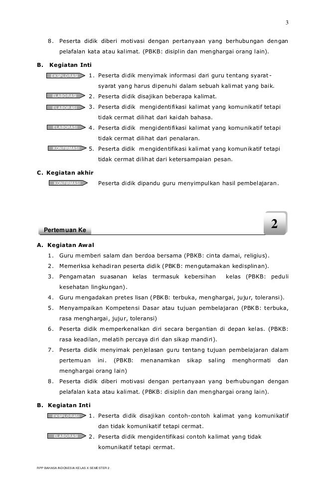 RPP BERKARAKTER BAHASA INDONESIA SMK KELAS X SEMESTER 2