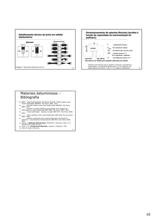 10
55
Detalhamento técnico de junta em asfalto
elastomérico
Imagens: http//www.betumat.com.br 56
Dimensionamento de selantes flexíveis (escolha é
função da capacidade de movimentação do
polímero)
l comprimento da peça
εmax def. máxima do selante
∆ l movimento máx. previsto (mm)
∆T variação térmica (oC)
f(cor superficial + ambiente)
α coef. dilatação térmica (oC-1)
sup. planamaterial
não adesivo no fundo para impedir aderência do selante
x
0,5a1x
selante
Selantes mais flexíveis são os elásticos (silicones, poliuretanos e
polissulfetos, movimentação elástica até + 25 %) seguidos dos
elasto-plásticos (acrílicos – até + 7 % e asfaltos modificados).
57
Materiais betuminosos –
Bibliografia
ABNT – Associação Brasileira de Normas Técnicas - Manta asfáltica para
impermeabilização NBR9952. São Paulo, ABNT, 2007.
____ – Emulsão asfaltica para impermeabilização NBR9685. São Paulo,
ABNT, 2005.
____ – Solução e emulsão asfalticas empregadas como material de
imprimação na impermeabilização NBR 9686. São Paulo, ABNT, 2006.
____ – Impermeabilização - Seleção e projeto NBR 9575. São Paulo, ABNT,
2003.
____ – Feltros asfálticos para impermeabilização NBR 9228. Rio de Janeiro,
ABNT, 1986.
____ – Asfaltos modificados para impermeabilização sem adição de
polímeros - Características de desempenho NBR 9910. São Paulo, ABNT,
2002.
Selmo, S. Materiais Betuminosos. EPUSP/PCC, São Paulo, 2002, 27 p.
(Apostila PCC 2339, ed. rev.)
Taylor, G.D. Construction Materials. Longman, Singapore, 1991.
Sites da Viapol e Betumat.
 