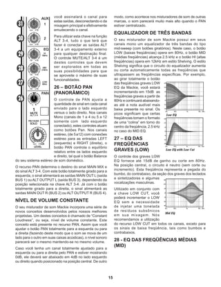 15
você assinalará o canal para
estas saídas, desconectando-o da
mixagem principal e efetivamente
emudecendo o canal.
Para utilizar esta chave na função
ALT 3-4, tudo o que terá que
fazer é conectar as saídas ALT
3-4 a um equipamento externo
para qualquer destinação final.
O controle MUTE/ALT 3-4 é um
destes controles que devem
ser explorados em todas as
suas possibilidades para que
se aproveite o máximo de suas
funcionalidades.
26 – BOTÃO PAN
(PANORÂMICO)
O controle de PAN ajusta a
quantidade de sinal em cada canal
enviado para o lado esquerdo
versus o lado direito. Nos canais
Mono (canais de 1 a 4 ou 5 a 12
somente com lado esquerdo
conectado), estes controles atuam
como botões Pan. Nos canais
estéreo, (de 5a12) com conexões
estéreo para as entradas LEFT
(esquerda) e RIGHT (direita), o
botão PAN controla o equilíbrio
relativo entre os lados esquerdo
e direito, tal qual o botão Balance
do seu sistema estéreo de som doméstico.
O recurso PAN determina o destino do sinal MAIN MIX e
do sinal ALT 3-4. Com este botão totalmente girado para a
esquerda, o sinal alimentará as saídas MAIN OUT L (saída
BUS 1) ou ALT OUTPUT L (saída BUS 3), dependendo da
posição selecionada na chave ALT 3-4. Já com o botão
totalmente girado para a direita, o sinal alimentará as
saídas MAIN OUT R (BUS 2) ou ALT OUTPUT R (BUS 4).
NÍVEL DE VOLUME CONSTANTE
O seu misturador de som Mackie incorpora uma série de
novos conceitos desenvolvidos pelos nossos melhores
projetistas. Um destes conceitos é chamado de “Constant
Loudness”, ou seja, nível de volume constante. Este
conceito está presente no recurso PAN. Assim que você
ajustar o botão PAN totalmente para a esquerda ou para
a direita (fazendo deste modo que o som se mova de um
lado para o outro em suas caixas acústicas), o nível sonoro
parecerá ser o mesmo mantendo-se no mesmo volume.
Caso você tenha um canal totalmente ajustado para a
esquerda ou para a direita pelo PAN e estiver mostrando
0dB, ele deverá ser abaixado em 4dB no lado esquerdo
ou direito quando posicionado na posição central. De outro
modo, como acontece nos misturadores de som de outras
marcas, o som parecerá muito mais alto quando o PAN
estiver centralizado.
EQUALIZADOR DE TRÊS BANDAS
O seu misturador de som Mackie possui em seus
canais mono um equalizador de três bandas do tipo
mid-sweep (com botões giratórios). Neste caso, o botão
LOW (baixas freqüências) opera em 80Hz, o botão MID
(médias freqüências) alcança 2.5 kHz e o botão HI (altas
freqüências) opera em 12kHz em estilo Shelving. O estilo
Shelving significa que o circuito do equalizador aumenta
ou corta automaticamente todas as freqüências que
ultrapassem as freqüências específicas. Por exemplo,
ao girar totalmente o botão
das freqüências graves LOW
EQ da Mackie, você estará
incrementando em 15dB as
freqüências graves a partir de
80Hz e continuará abaixando-
as até a nota audível mais
baixa presente no sinal. Os
picos significam que certas
freqüências tomam o formato
de uma “colina” em torno do
centro da freqüência, 2.5 kHz
no caso do MID EQ.
27 – EQ DAS
FREQÜÊNCIAS
GRAVES (LOW)
O controle dos graves LOW
EQ fornece até 15dB de ganho ou corte em 80Hz.
Na posição central, o circuito é neutro (sem corte ou
incremento). Esta freqüência representa a pegada do
bumbo, do contrabaixo, da seção dos graves dos teclados
e sintetizadores e algumas
vocalizações masculinas.
Utilizado em conjunto com
a chave LOW CUT, você
poderá incrementar o LOW
EQ sem a necessidade
de injetar uma tonelada
de resíduos subsônicos
em sua mixagem. Nós
recomendamos a utilização
do recurso LOW CUT em todos os canais, exceto para
os sinais de baixa freqüência, tais como bumbos e
contrabaixos.
28 - EQ DAS FREQÜÊNCIAS MÉDIAS
(MID)
 