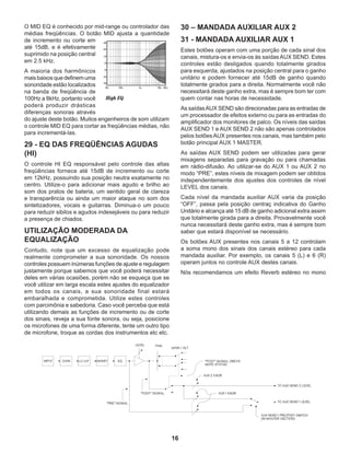 16
O MID EQ é conhecido por mid-range ou controlador das
médias freqüências. O botão MID ajusta a quantidade
de incremento ou corte em
até 15dB, e é efetivamente
suprimido na posição central
em 2.5 kHz.
A maioria dos harmônicos
maisbaixosquedefinemuma
sonoridade estão localizados
na banda de freqüência de
100Hz a 8kHz, portanto você
poderá produzir drásticas
diferenças sonoras através
do ajuste deste botão. Muitos engenheiros de som utilizam
o controle MID EQ para cortar as freqüências médias, não
para incrementá-las.
29 - EQ DAS FREQÜÊNCIAS AGUDAS
(HI)
O controle HI EQ responsável pelo controle das altas
freqüências fornece até 15dB de incremento ou corte
em 12kHz, possuindo sua posição neutra exatamente no
centro. Utilize-o para adicionar mais agudo e brilho ao
som dos pratos de bateria, um sentido geral de clareza
e transparência ou ainda um maior ataque no som dos
sintetizadores, vocais e guitarras. Diminua-o um pouco
para reduzir sibilos e agudos indesejáveis ou para reduzir
a presença de chiados.
UTILIZAÇÃO MODERADA DA
EQUALIZAÇÃO
Contudo, note que um excesso de equalização pode
realmente comprometer a sua sonoridade. Os nossos
controles possuem inúmeras funções de ajuste e regulagem
justamente porque sabemos que você poderá necessitar
deles em várias ocasiões, porém não se esqueça que se
você utilizar em larga escala estes ajustes do equalizador
em todos os canais, a sua sonoridade final estará
embaralhada e comprometida. Utilize estes controles
com parcimônia e sabedoria. Caso você perceba que está
utilizando demais as funções de incremento ou de corte
dos sinais, reveja a sua fonte sonora, ou seja, posicione
os microfones de uma forma diferente, tente um outro tipo
de microfone, troque as cordas dos instrumentos etc etc.
30 – MANDADA AUXILIAR AUX 2
31 - MANDADA AUXILIAR AUX 1
Estes botões operam com uma porção de cada sinal dos
canais, mistura-os e envia-os às saídas AUX SEND. Estes
controles estão desligados quando totalmente girados
para esquerda, ajustados na posição central para o ganho
unitário e podem fornecer até 15dB de ganho quando
totalmente girados para a direita. Normalmente você não
necessitará deste ganho extra, mas é sempre bom ter com
quem contar nas horas de necessidade.
As saídasAUX SEND são direcionadas para as entradas de
um processador de efeitos externo ou para as entradas do
amplificador dos monitores de palco. Os níveis das saídas
AUX SEND 1 e AUX SEND 2 não são apenas controlados
pelos botõesAUX presentes nos canais, mas também pelo
botão principal AUX 1 MASTER.
As saídas AUX SEND podem ser utilizadas para gerar
mixagens separadas para gravação ou para chamadas
em rádio-difusão. Ao utilizar-se do AUX 1 ou AUX 2 no
modo “PRE”, estes níveis de mixagem podem ser obtidos
independentemente dos ajustes dos controles de nível
LEVEL dos canais.
Cada nível da mandada auxiliar AUX varia da posição
“OFF”, passa pela posição centraç indicativa do Ganho
Unitário e alcança até 15 dB de ganho adicional extra assim
que totalmente girada para a direita. Provavelmente você
nunca necessitará deste ganho extra, mas é sempre bom
saber que estará disponível se necessário.
Os botões AUX presentes nos canais 5 a 12 controlam
a soma mono dos sinais dos canais estéreo para cada
mandada auxiliar. Por exemplo, os canais 5 (L) e 6 (R)
operam juntos no controle AUX destes canais.
Nós recomendamos um efeito Reverb estéreo no mono
 