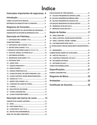 Índice
Instruções importantes de segurança.. 4
Introdução................................................ 6
COMO UTILIZAR ESTE MANUAL.........................................6
DEFINIÇÃO DA ARQUITETURA VLZ MACKIE:....................6
Diagrama de Conexões........................... 7
DIAGRAMA BÁSICO DE UM SISTEMA DE GRAVAÇÃO.....7
DIAGRAMA BÁSICO DE UM SISTEMA DE SONORIZAÇÃO AO VIVO........................8
Descrição do Patchbay........................... 9
1 – ENTRADAS MIC (CANAIS 1 A 4)....................................9
PHANTOM POWER................................................................9
2 – ENTRADAS LINE (CANAIS 1 A 4)...................................9
4 – BOTÃO GAIN (CANAIS 1 A 4).........................................10
5 – ENTRADAS DE LINHA ESTÉREO (CANAIS 5-6, 7-8, 9-10, 11-12).........................10
6 – EFEITOS: SERIAL OU PARALELO ?..............................10
7 – RETORNOS ESTÉREO....................................................11
8 – MANDADAS AUXILIARES 1 E 2.....................................11
9 – ENTRADA TAPE...............................................................11
10 – SAÍDA TAPE...................................................................11
11 – SAÍDAS PRINCIPAIS ¼ .................................................11
12 - SAÍDA PHONES..............................................................12
13 – SAÍDAS PRINCIPAIS XLR.............................................12
14 – CHAVE DO NÍVEL DE SAÍDA PRINCIPAL XLR............12
15 – CHAVE CONTROL ROOM (MONITORIZAÇÃO)...........12
16 – SAÍDAS ALT 3 E 4..........................................................12
17 – INSERT DOS CANAIS 1 A 4..........................................12
18 – CONEXÃO DO CABO DE FORÇA.................................13
19 – FUSÍVEL.........................................................................13
20 – SELETOR DE VOLTAGEM.............................................13
21 – CHAVE LIGA/DESLIGA..................................................13
22 – CHAVE PHANTOM POWER..........................................13
Descrição das barras de canal............... 14
CONCEITO DE GANHO UNITÁRIO.......................................14
23 – NÍVEL..............................................................................14
24 – PRÉ-FADER SOLO........................................................14
25 – CHAVE MUTE / ALT 3 E 4..............................................14
26 – BOTÃO PAN (PANORÂMICO).......................................15
NÍVEL DE VOLUME CONSTANTE........................................15
EQUALIZADOR DE TRÊS BANDAS.....................................15
27 – EQ DAS FREQÜÊNCIAS GRAVES (LOW)....................15
28 - EQ DAS FREQÜÊNCIAS MÉDIAS (MID).......................15
29 - EQ DAS FREQÜÊNCIAS AGUDAS (HI).........................16
UTILIZAÇÃO MODERADA DA EQUALIZAÇÃO...................16
30 – MANDADA AUXILIAR AUX 2.........................................16
31 - MANDADA AUXILIAR AUX 1..........................................16
Seção de Saídas...................................... 17
32 – SINAL MAIN MIX............................................................17
33 – SINAL CONTROL ROOM SOURCE MATRIX................17
34 – SINAL CONTROL ROOM / SUBMIX..............................17
35 – LED INDICADOR RUDE SOLO......................................18
36 – RECURSO ASSIGN TO MAIN MIX (ASSINALAMENTO À MIXAGEM PRINCIPAL)......
18
37 – MEDIDORES...................................................................18
COMENTÁRIOS SOBRE OS AUXILIARES...........................19
38 – PRÉ OU PÓS (AUX 1)....................................................19
39 – CONTROLE PRINCIPAL DO AUX 1..............................19
40 – RETORNOS ESTÉREO..................................................19
41 – RETORNO AO AUX 1.....................................................20
CONECTOR NORMALIZADO................................................20
Especificações........................................ 21
POWER CONSUMPTION.......................................................21
Diagrama de Bloco.................................. 22
Anotações................................................ 22
Certificado de Garantia........................... 25
 