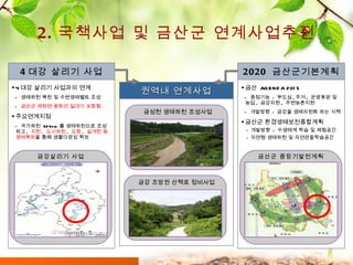 2. 국책사업 및 금산군 연계사업추진 권역내 연계사업 4 대강 살리기 사업과의 연계 -  생태하천 복원 및 수변생태벨트 조성 -  금산군 제원면 용화리 일대가 포함됨 주요연계지점  -  국가하천  929km 를 생태하천으로 조성하고 ,  지천 ,  도시하천 ,  도랑 ,  실개천 등 생태복원 을 통해 생물다양성 확보 4 대강 살리기 사업 금산  AGENDA 2015 -  중점기능  :  부도심 , 주거 ,  관광휴양 및 농업 ,  금강자원 ,  주변농촌지원  -  개발방향  :  금강을 생태자원화 하는 시책 금산군 환경생태보전종합계획 개발방향  :  수생태계 학습 및 체험공간 자연형 생태하천 및 자연관찰학습공간 2020  금산군기본계획 금성천 생태하천 조성사업 금강 조망권 산책로 정비사업 금강살리기 사업 금산군 중장기발전계획 