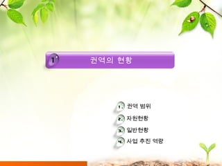 1.  권역 범위 2.  자원현황 3.  일반현황 4.  사업 추진 역량 권역의 현황 1 