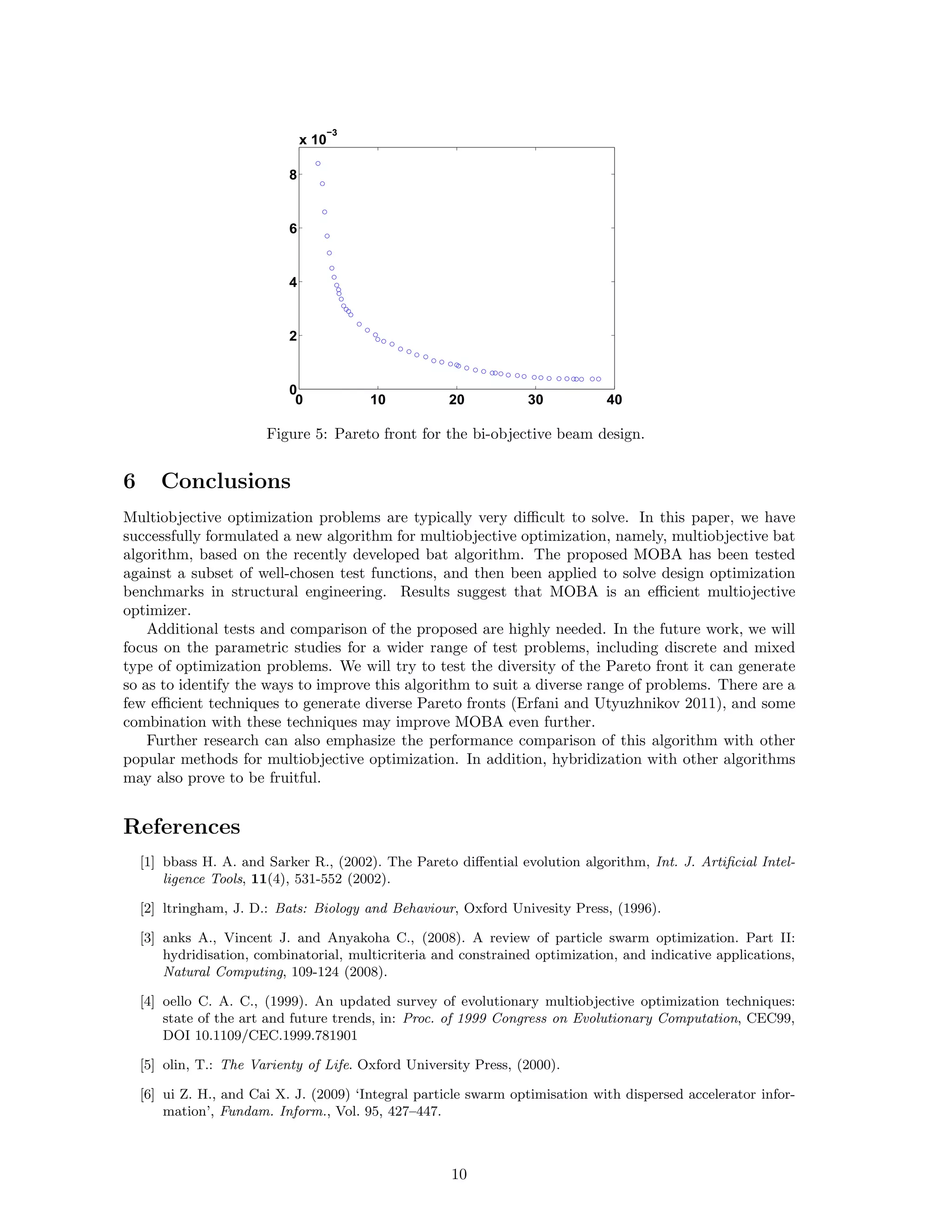 Objective functions f1(x), ..., fK(x), x = (x1, ..., xd)T 
Initialize the bat population xi (i = 1, 2, ..., n) and vi 
for j = 1 to N (points on Pareto fronts) 
PGenerate K weights wk ≥ 0 so that 
K 
wk = 1 
k=1 Form a single objective f = 
PK 
k=1 wkfk 
while (t Max number of iterations) 
Generate new solutions and update by (1) to (3) 
if (rand  ri) 
Random walk around a selected best solution 
end if 
Generate a new solution by flying randomly 
if (rand  Ai  f(xi)  f(x)) 
Accept the new solutions, 
and increase ri  reduce Ai 
end if 
Rank the bats and find the current best x 
end while 
Record x as a non-dominated solution 
end 
Postprocess results and visualization 
Figure 1: Multiobjective bat algorithm (MOBA). 
or in term of the Pareto optimal set in the search space 
PF = {x ∈ F 
 