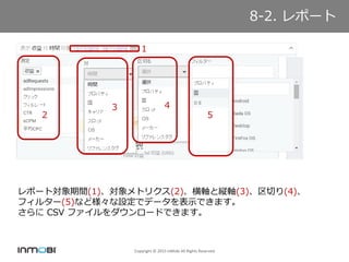 Copyright ? 2015 InMobi All Rights Reserved
8-2. ݩ`
ݩ`Ȍg(1)ȥꥯ(2)SȿkS(3)Ф(4)
ե륿`(5)ʤɘOǥǩ`ʾǤޤ
 CSV ե`ɤǤޤ
1
2
3 4
5
 