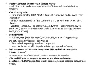 • Internet coupled with Direct Business Model
- sell directly to end customers instead of intermediate distributors,
resellers.
• Virtual Integration
- using sophisticated CRM, SCM systems at respective ends as well their
integration
- already integrated with 38 procurement and ERP systems across all its
clients
- vendors – Ariba, SAP, PeopleSoft, J.D. Edwards – Dell integrated with
their ERP (Source: Rob Rosenthal, Dell’s B2B web site strategy, October
2003, IDC #30202)
• Selling Points
- Internet, B2B (Premier Pages), Phone-calls, Mass catalog mailings
• Do not Just sell Products – sell Values
- client asked to put tags on their computers
- proactive in solving clients pain points – preloaded software
• Dell was much less mature compare to IBM and HP at time when
Internet took off
– required much less effort to adapt its systems to Internet technologies.
• IBM and HP’s core competency was product innovation and
development, Dell’s expertise was in assembling and catering to business
needs.
 